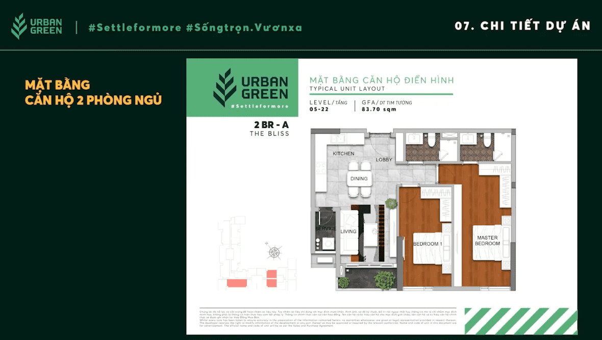 The layout of 2-bedroom apartment 2BR - A