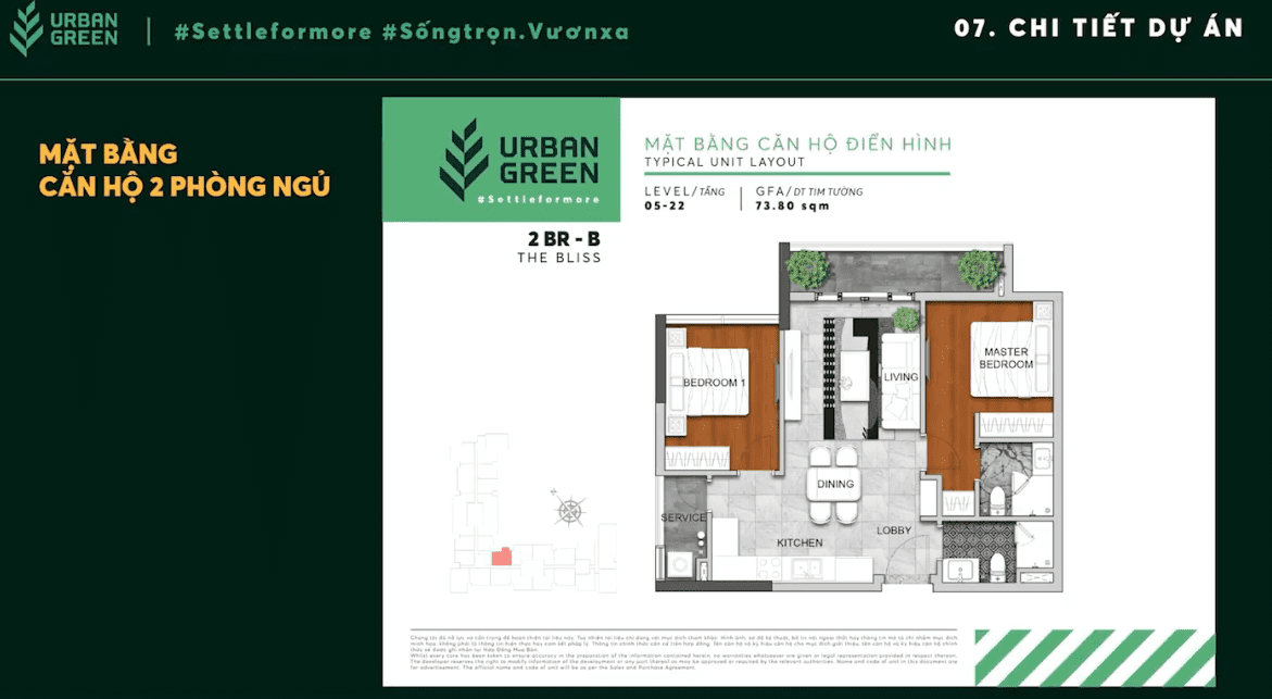 The layout of The Bliss apartment 2 bedrooms 2BR - B