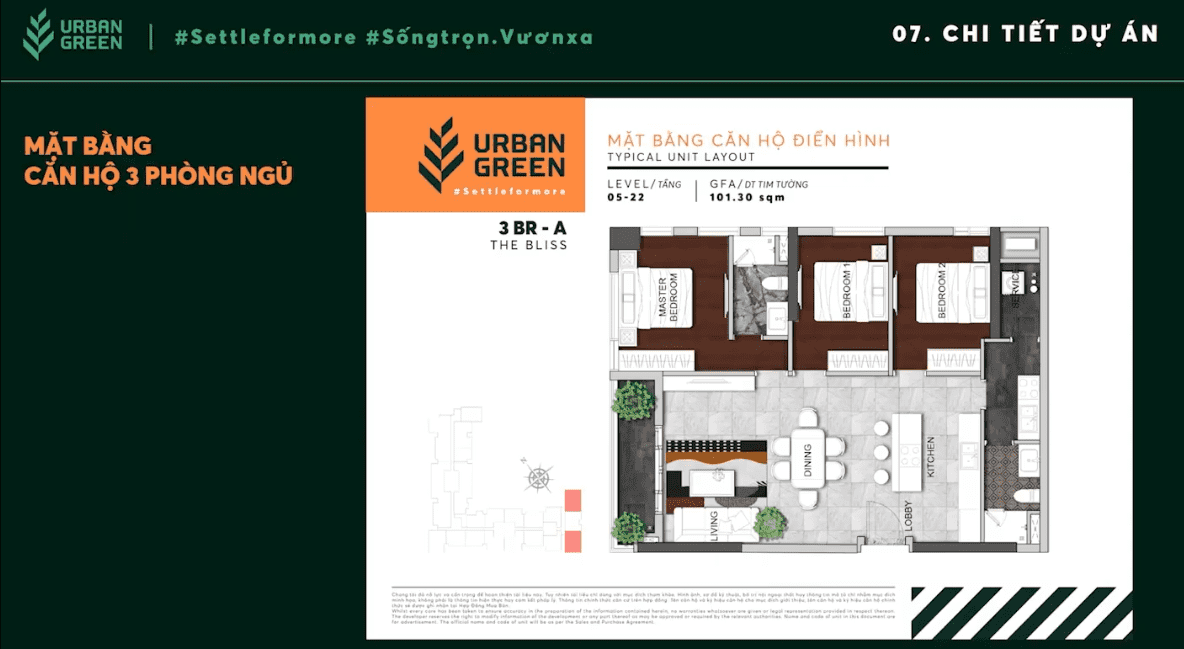 The layout of 3-bedroom apartment 3BR - A