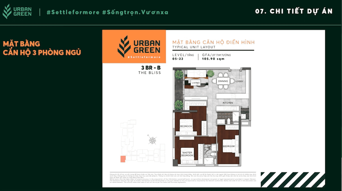 The layout of 3-bedroom apartment 3BR - B