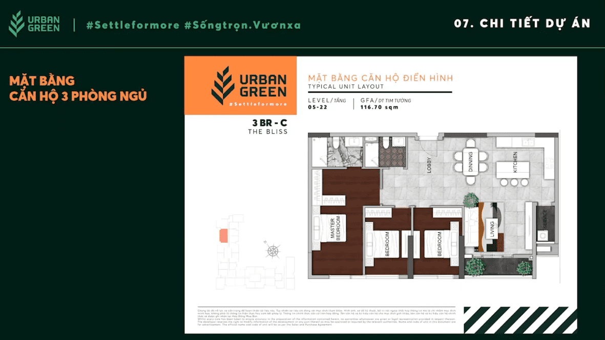 The layout of 3-bedroom apartment 3BR - C