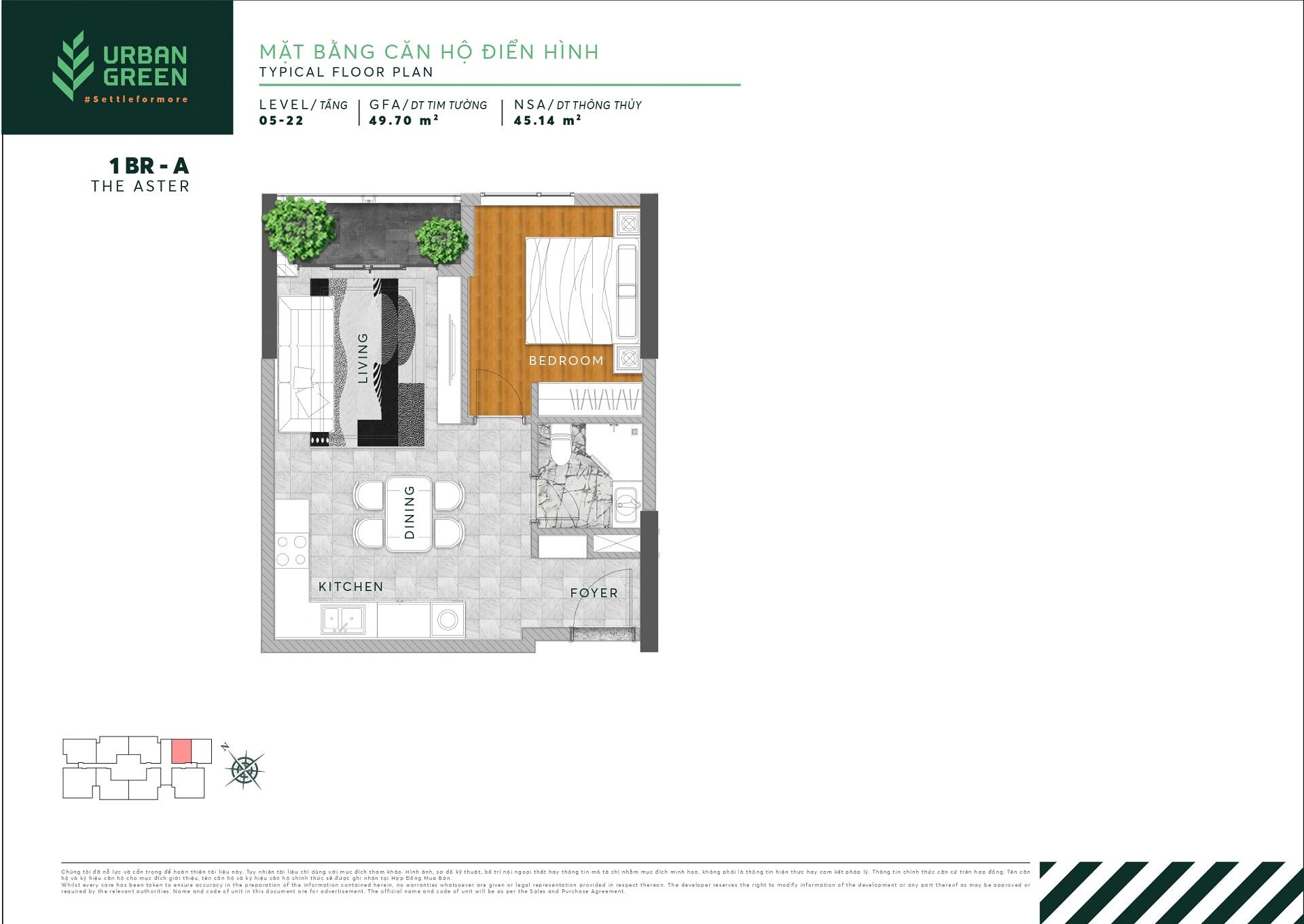 Floor plan of The Aster apartment 1 bedroom 1BR - A