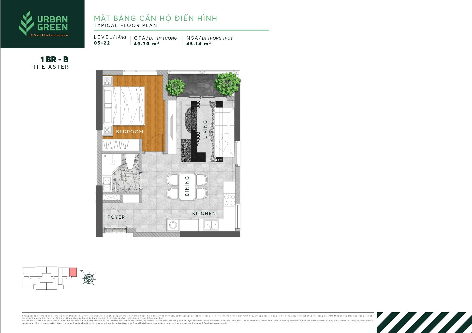 The layout of The Aster apartment 1 bedroom 1BR - B