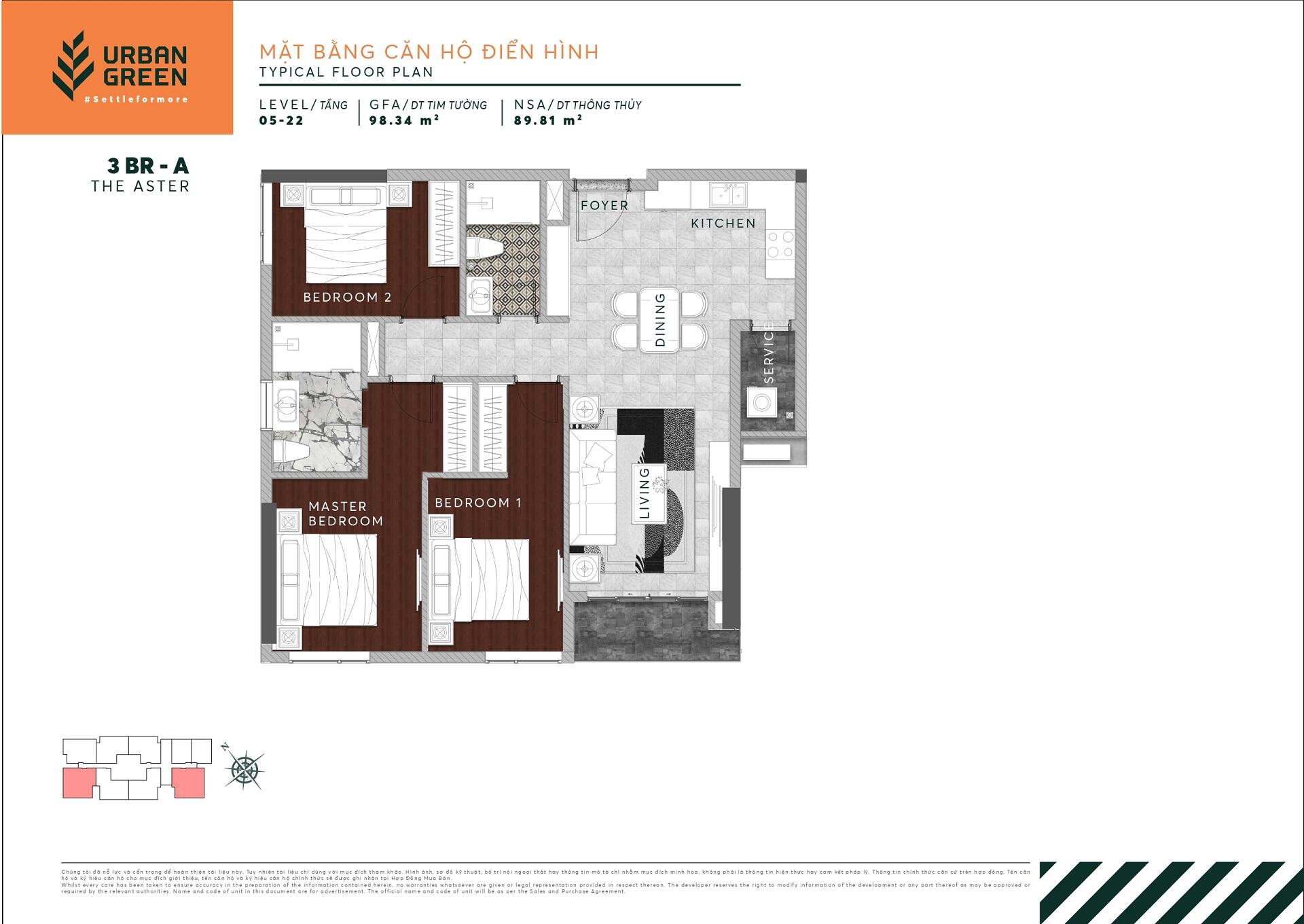 The Aster apartment floor plan 3 bedrooms 3BR - A