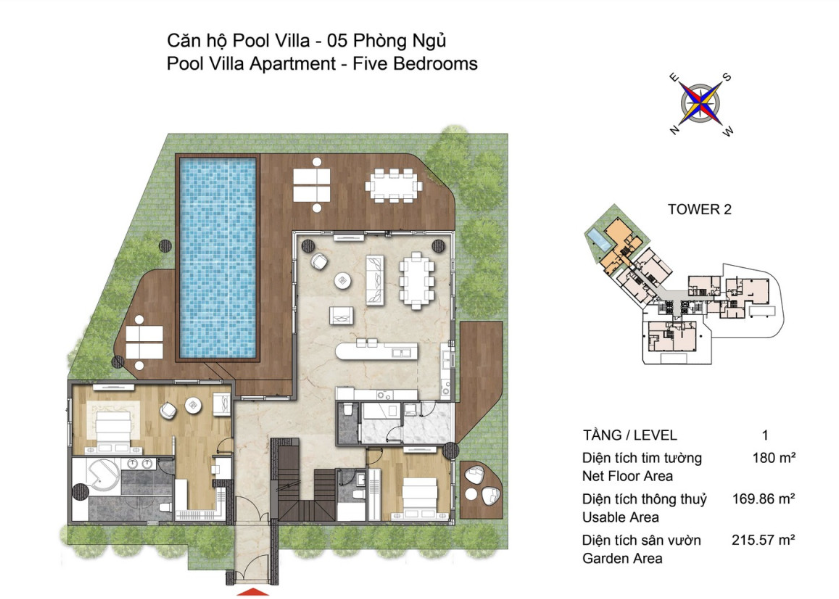 Hawaii Pool Villa apartment 5 bedrooms - 169.86m2