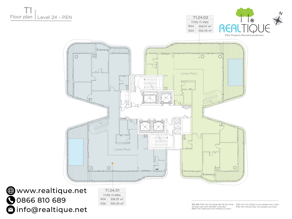 Layout tầng 24,25 Tháp T1 Thủ Thiêm Zeit River (Tầng Penthouse)