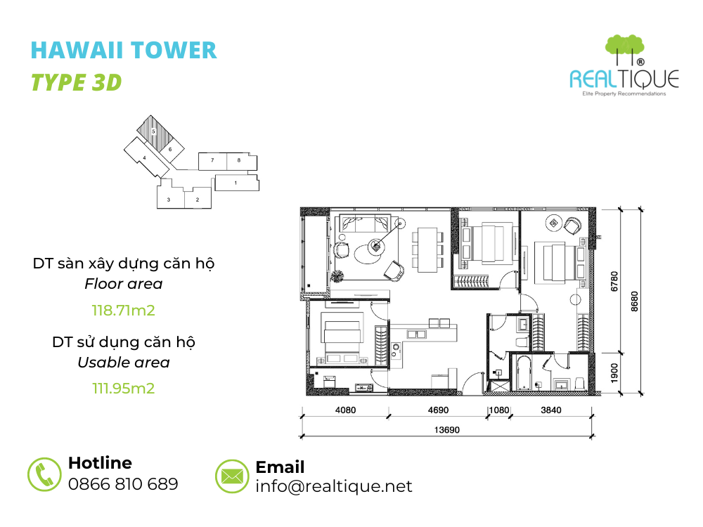Hawaii 3 bedrooms apartment - 3D