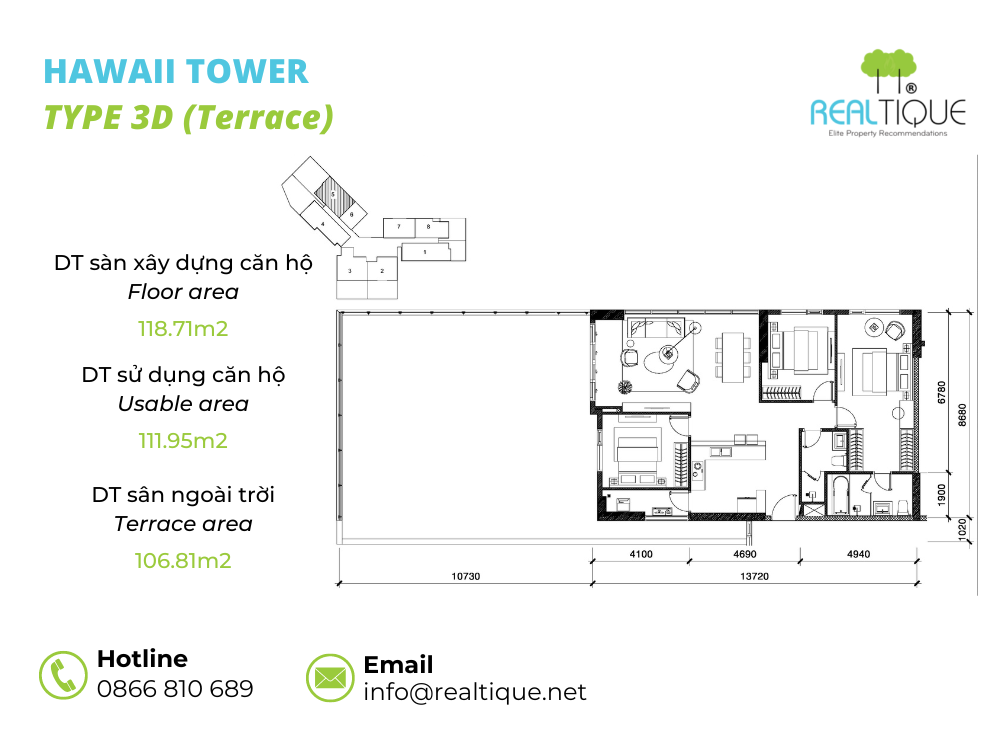 Hawaii 3 bedrooms apartment - 3D (Terrace)