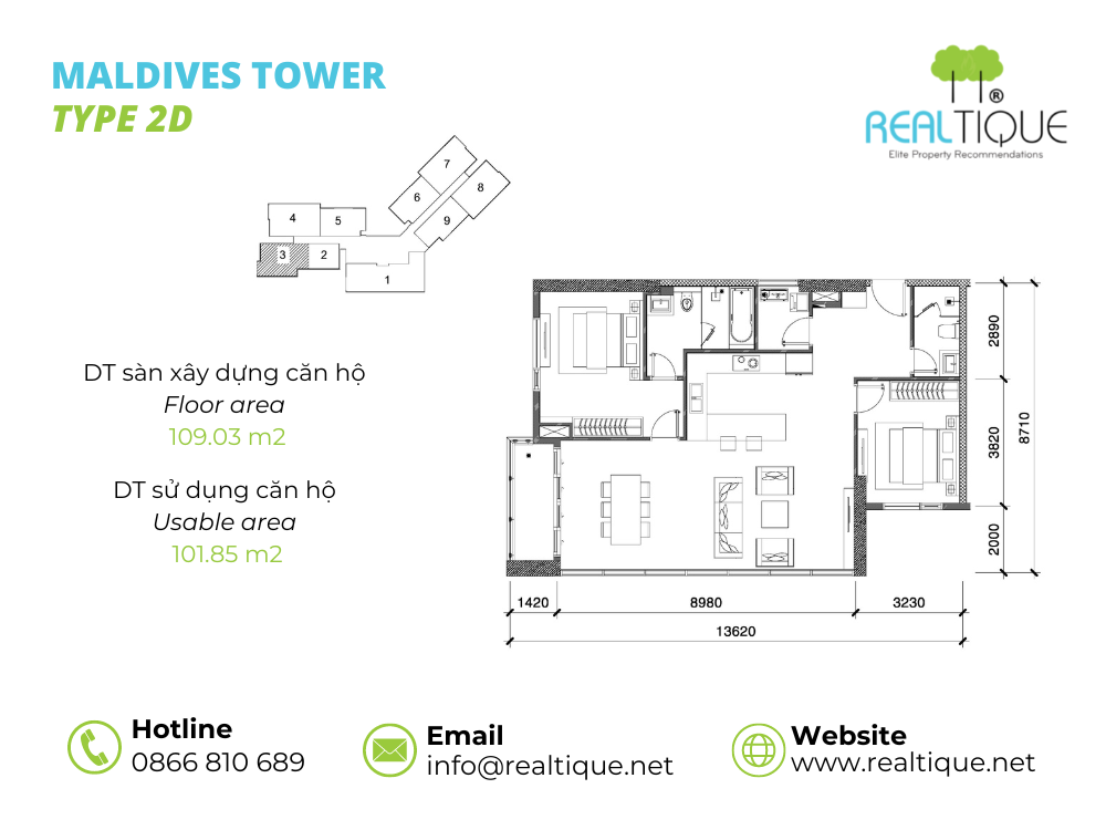 Plan of Maldives apartment 2 bedrooms- 2D
