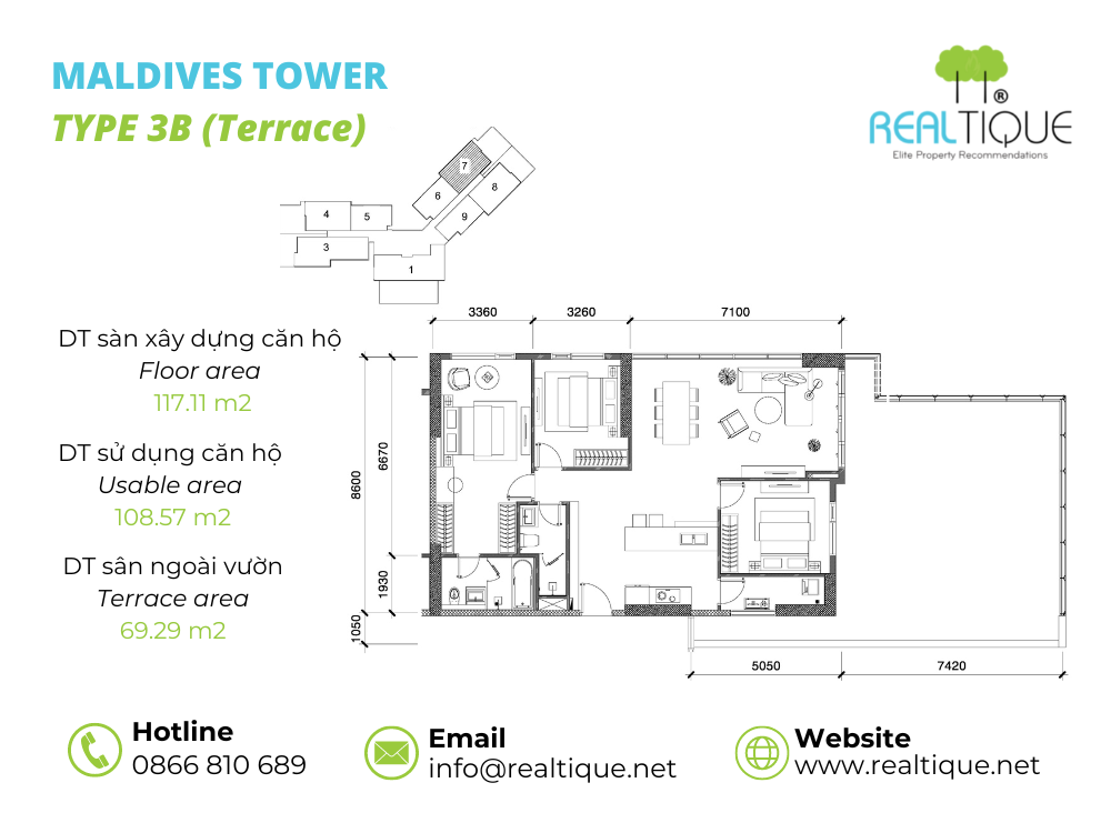 Plan of Maldives apartment 3 bedrooms - 3B Terrace