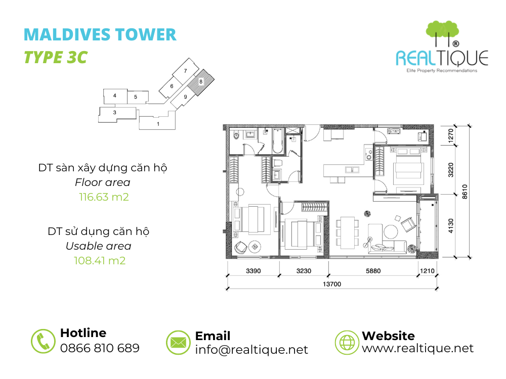 Plan of Maldives apartment 3 bedrooms - 3C