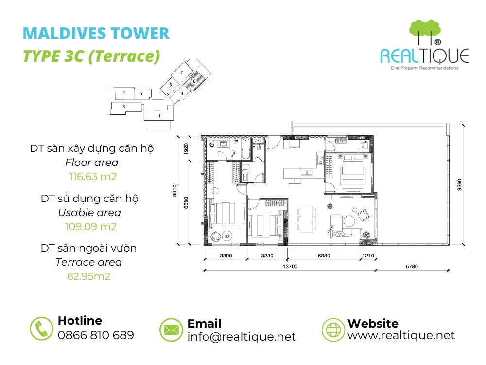 Plan of Maldives apartment 3 bedrooms - 3C Terrace