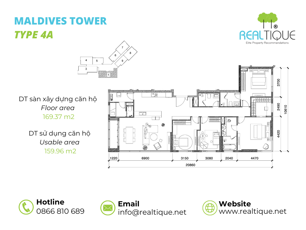 Plan of Maldives apartment with 4 bedrooms - 4A