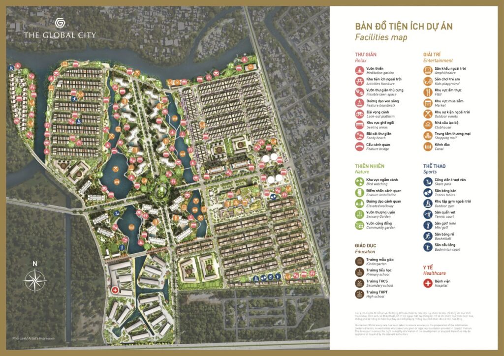 The Global City master facilities map showing relax zones, nature areas, education schools, entertainment venues, sports courts, and healthcare facilities around Masteri Cosmo Central