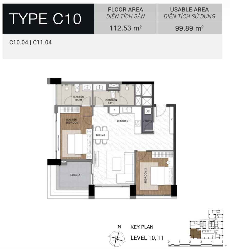 Layout căn C10 The Berkley — 2 phòng ngủ equal | C10 2BR equal-bedroom stack variant layout