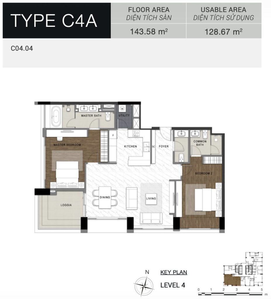 Layout căn C4A The Berkley — 2 phòng ngủ 143m² premium mirror | C4A 2BR 143m² premium variant layout