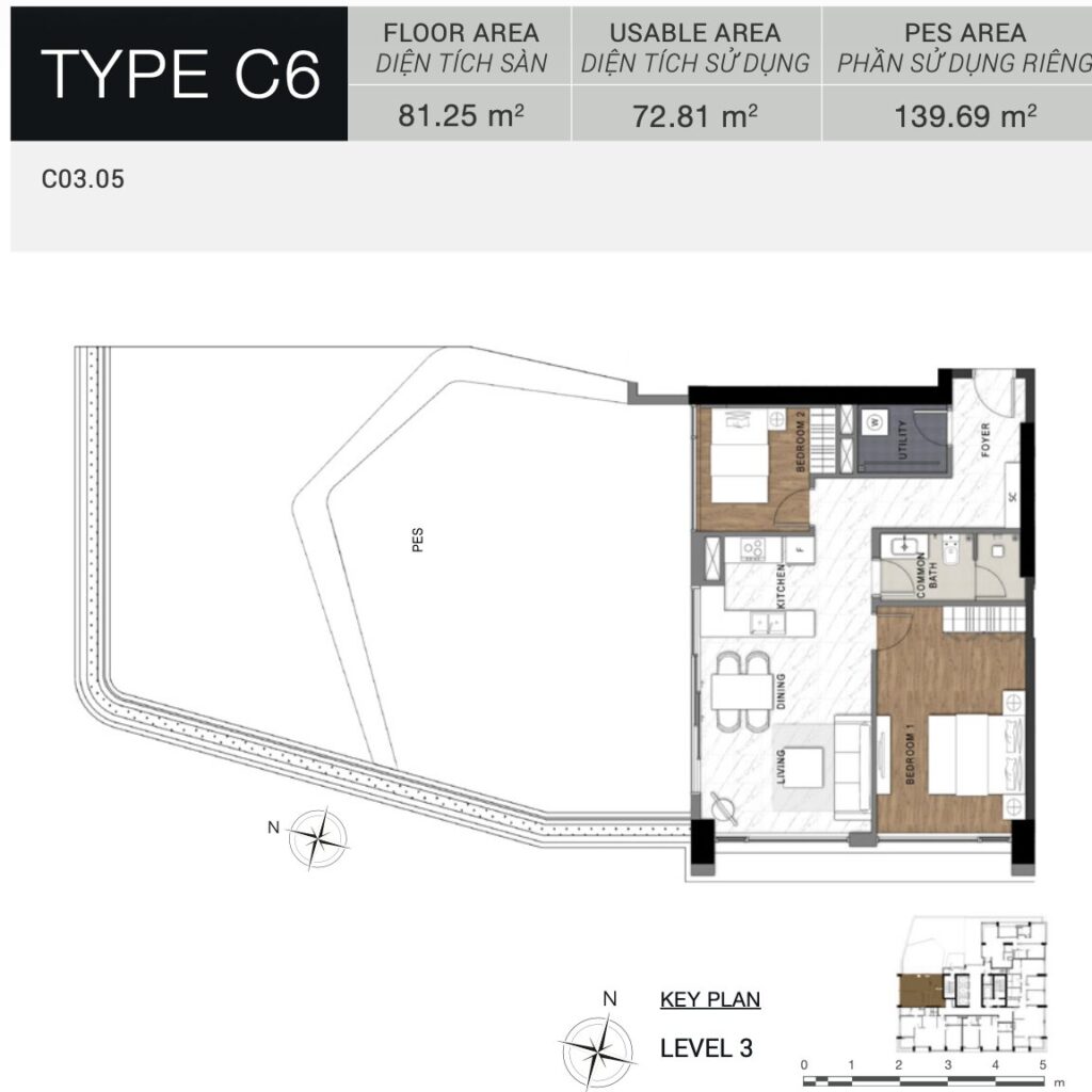Layout căn C6 Garden The Berkley — 2 phòng ngủ có sân vườn riêng | C6 Garden 2BR layout with private garden