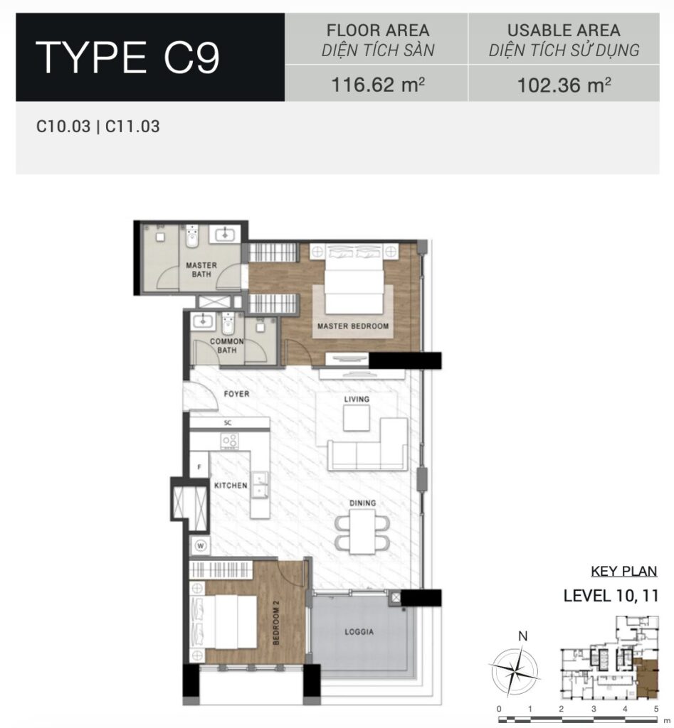 Layout căn C9 The Berkley — 2 phòng ngủ stack variant | C9 2BR stack variant layout