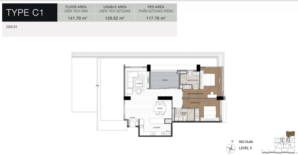 Layout Type C1 — căn hộ 2 phòng ngủ 144m² có sân vườn riêng | Type C1 — 144m² 2-bedroom with private garden