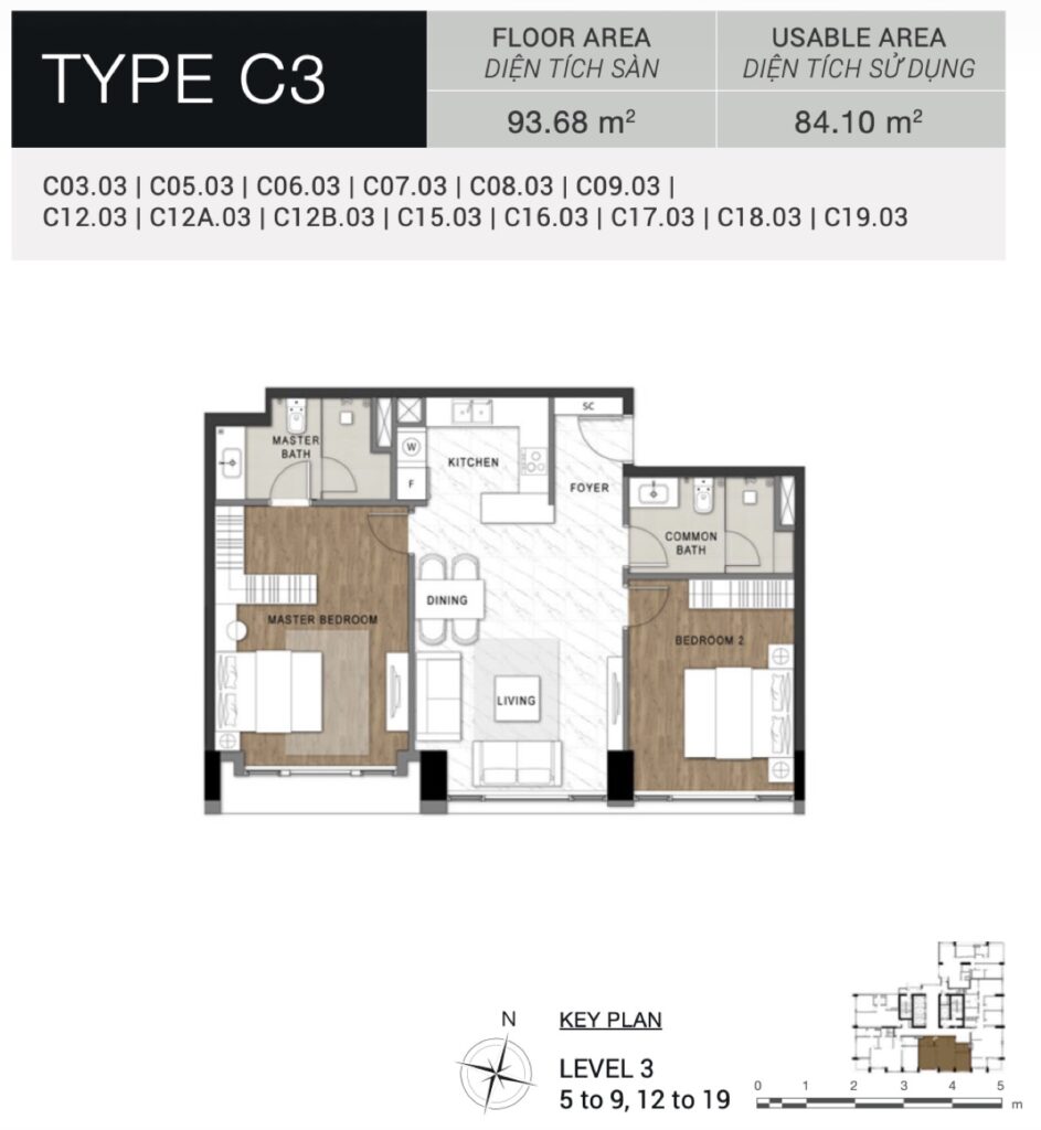 Layout Type C3 — căn hộ 2 phòng ngủ 94m² layout vuông vức nhất | Type C3 — 94m² 2-bedroom most square layout