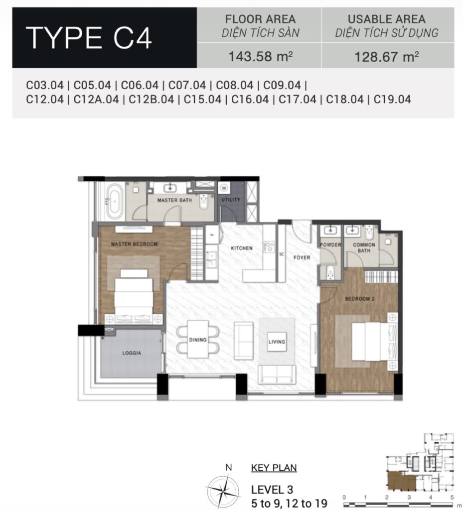 Layout Type C4 — căn hộ 2 phòng ngủ 143m² 3 nhà vệ sinh + kho | Type C4 — 143m² 2-bedroom + 3 bathrooms + storage