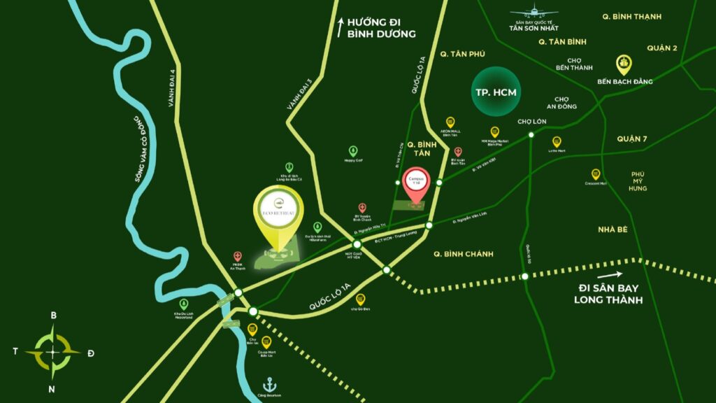 Bản đồ vị trí Eco Retreat trong Sài Gòn các landmark Bến Bạch Đằng Aeon Mall Crescent Mall Tân Sơn Nhất | Eco Retreat location map Saigon landmarks Ben Bach Dang Aeon Mall Crescent Mall Tan Son Nhat