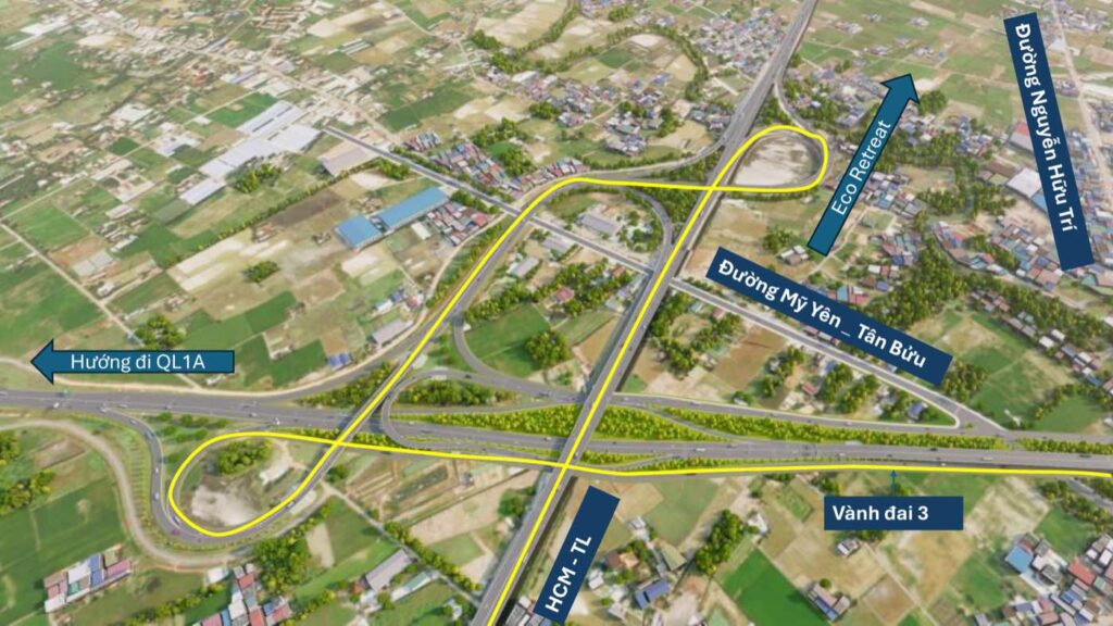 Sơ đồ tuyến nút giao Mỹ Yên Bến Lức từ Eco Retreat ra Vành Đai 3 và HCM Trung Lương | Route diagram My Yen Ben Luc interchange from Eco Retreat to Ring Road 3 and HCM Trung Luong