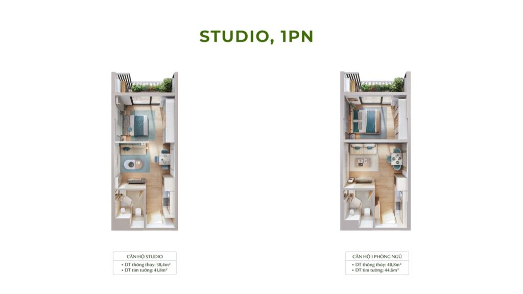 Studio 1PN floor plan chi tiết Studio 38.4-41.8m² và 1PN 40.8-44.6m² Forest Onsen | Studio 1BR detail floor plans Forest Onsen