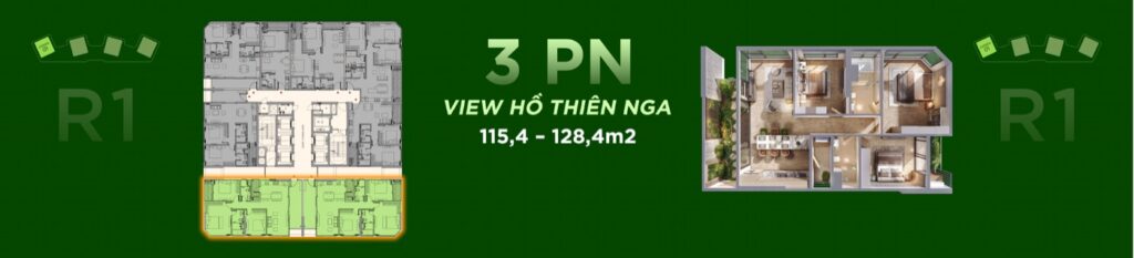 Layout 3 phòng ngủ view Hồ Thiên Nga R1 115.4-128.4m² mặt bằng và 3D Eco Forest Onsen | 3BR Swan Lake view R1 115.4-128.4sqm floor plan and 3D Eco Forest Onsen