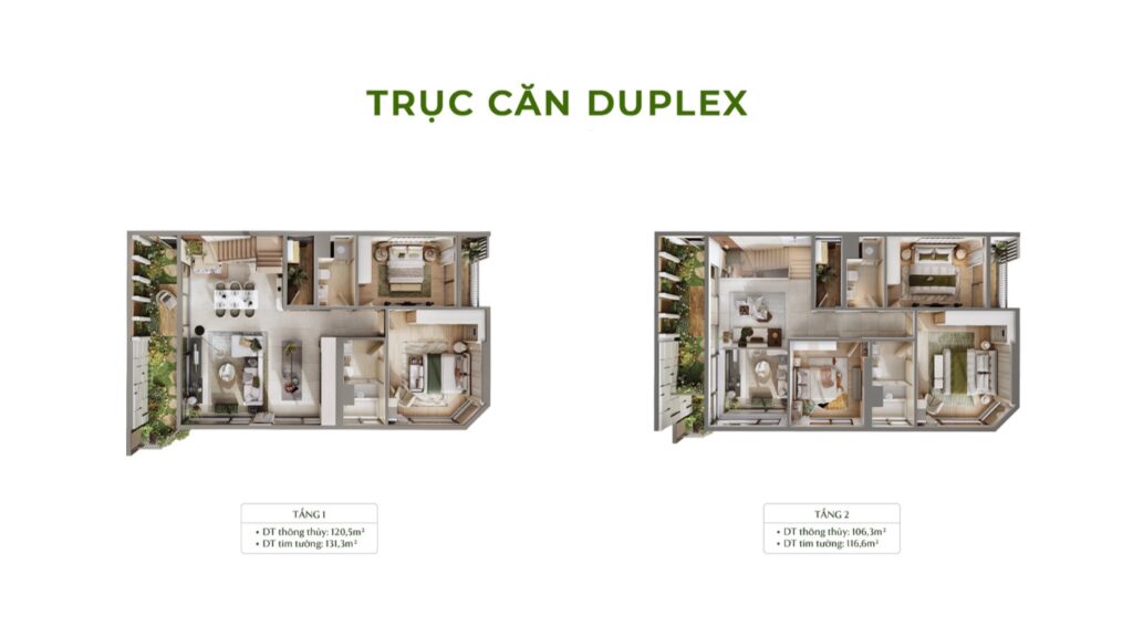 Trục căn Duplex Forest Onsen mặt bằng tầng 1 120.5-131.3m² và tầng 2 106.3-110.6m² | Duplex axis Forest Onsen level 1 and level 2 floor plans