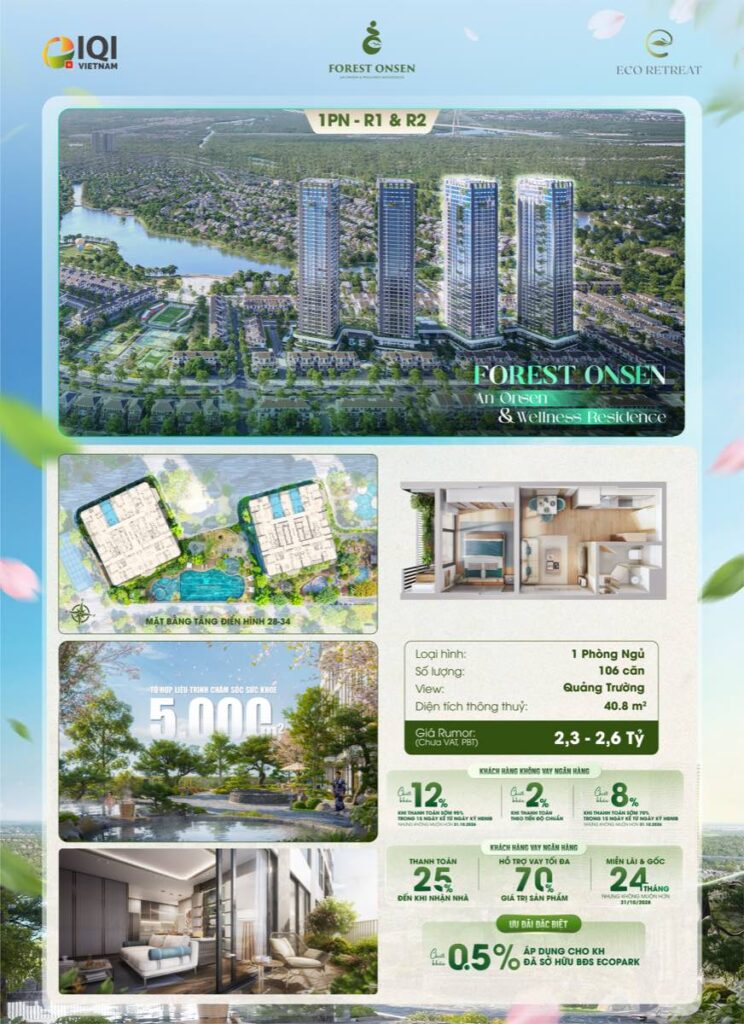 Bảng giá 1 phòng ngủ tháp R1 và R2 Forest Onsen | 1BR R1 R2 tower pricing Forest Onsen