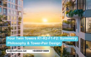 Four twin towers R1 R2 F1 F2 Eco Forest Onsen symmetry philosophy tower-pair design | Bốn tháp song sinh Eco Forest Onsen cấu trúc đối xứng