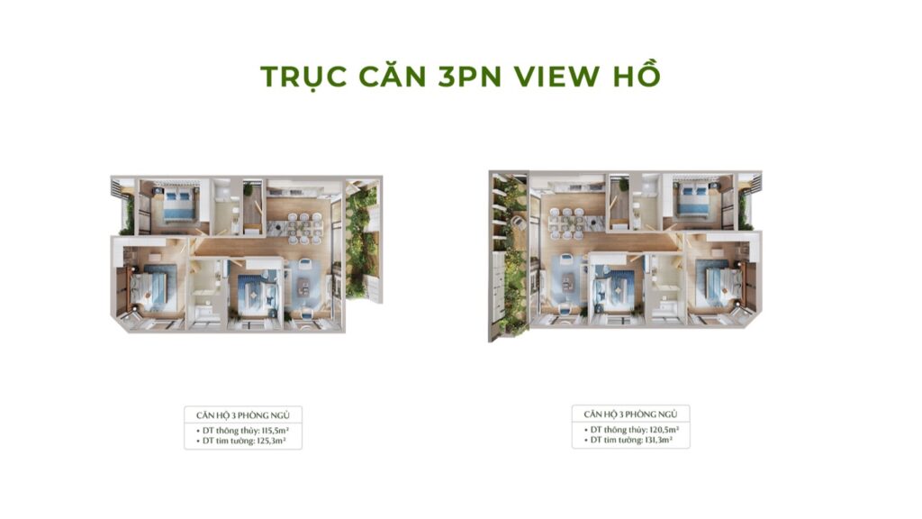 Trục 3 phòng ngủ góc ngoài 3PN không view hồ floor plan và mặt cắt trục Forest Onsen | 3BR corner outer axis floor plan Forest Onsen