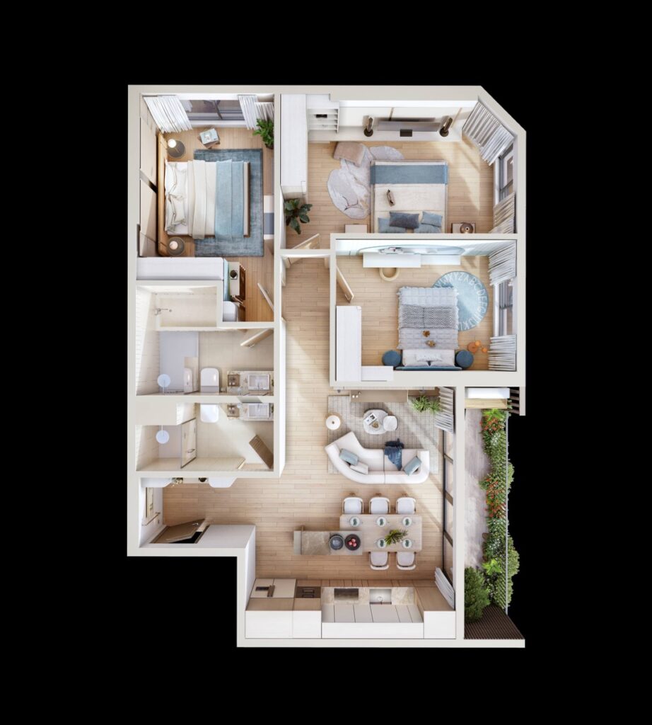 Layout bóc mái 3 phòng ngủ không vườn view thành phố | 3BR no garden city view cutaway layout
