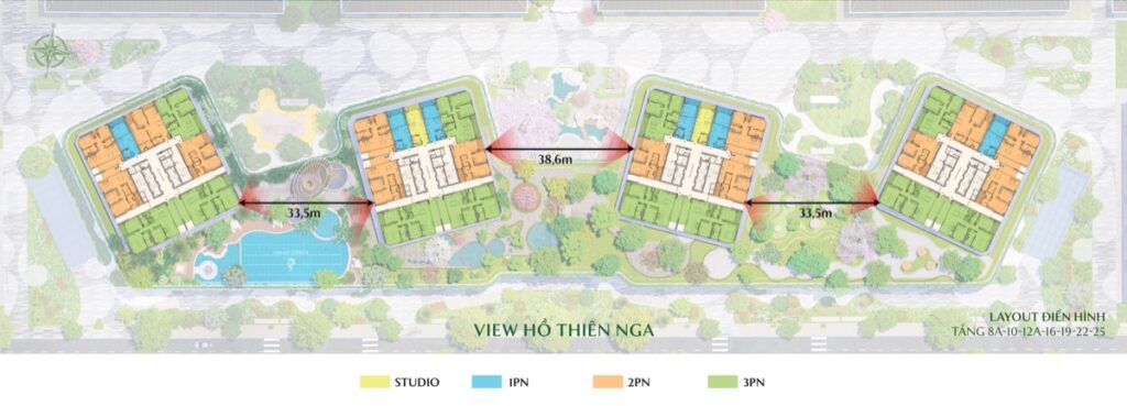 Sơ đồ khoảng cách 4 tháp Forest Onsen R1 R2 F1 F2 | Distance diagram 4 Forest Onsen towers R1 R2 F1 F2