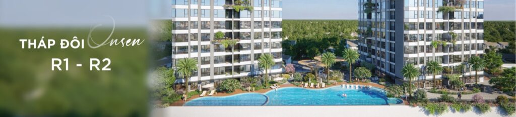 Tháp đôi Onsen R1-R2 bể bơi cộng đồng phối cảnh chân tháp | Onsen twin towers R1-R2 community pool tower base perspective