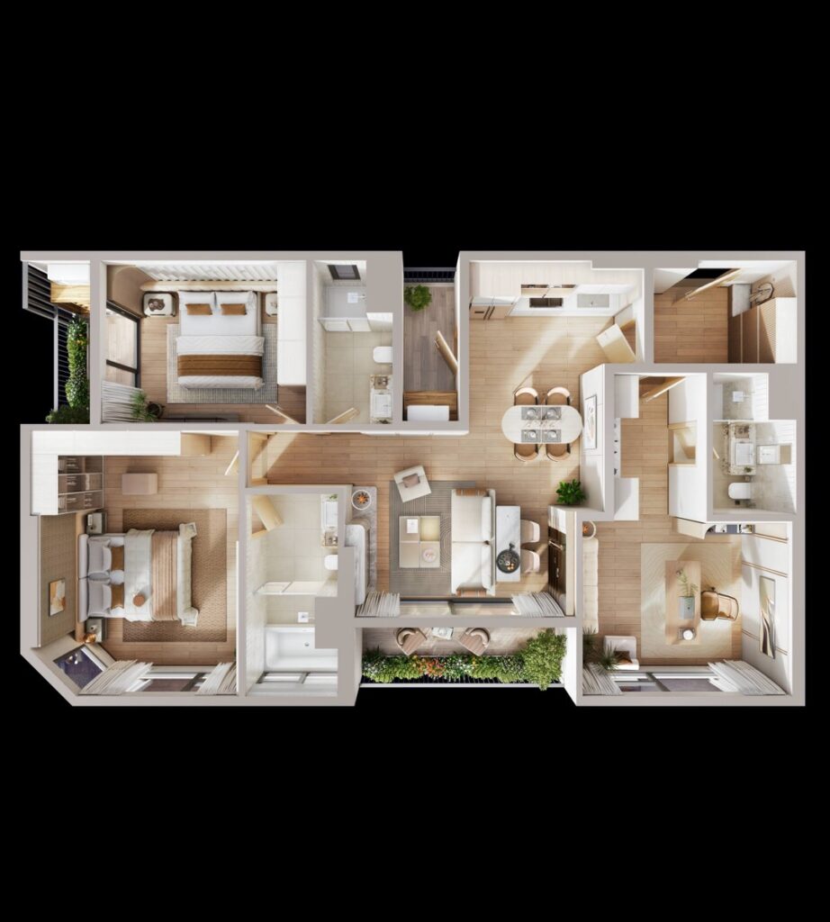 Layout bóc mái căn Dualkey 2 cửa độc lập | Dualkey two independent entrance cutaway layout