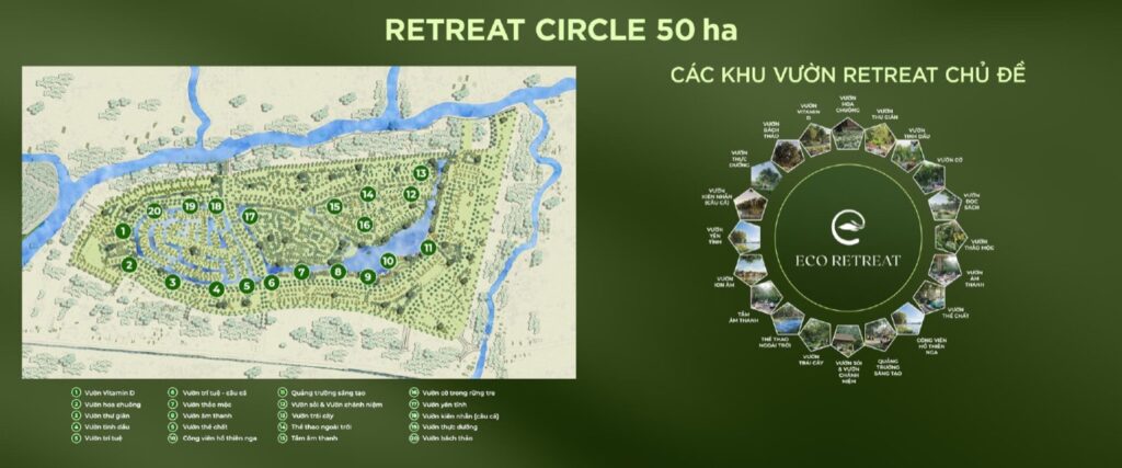 Retreat Circle 50ha với 20 vườn Retreat theo chủ đề Vitamin D Tinh Dầu Thảo Mộc Cờ Yên Tĩnh | Retreat Circle 50ha with 20 themed gardens Vitamin D Essential Oils Herbs Chess Quiet