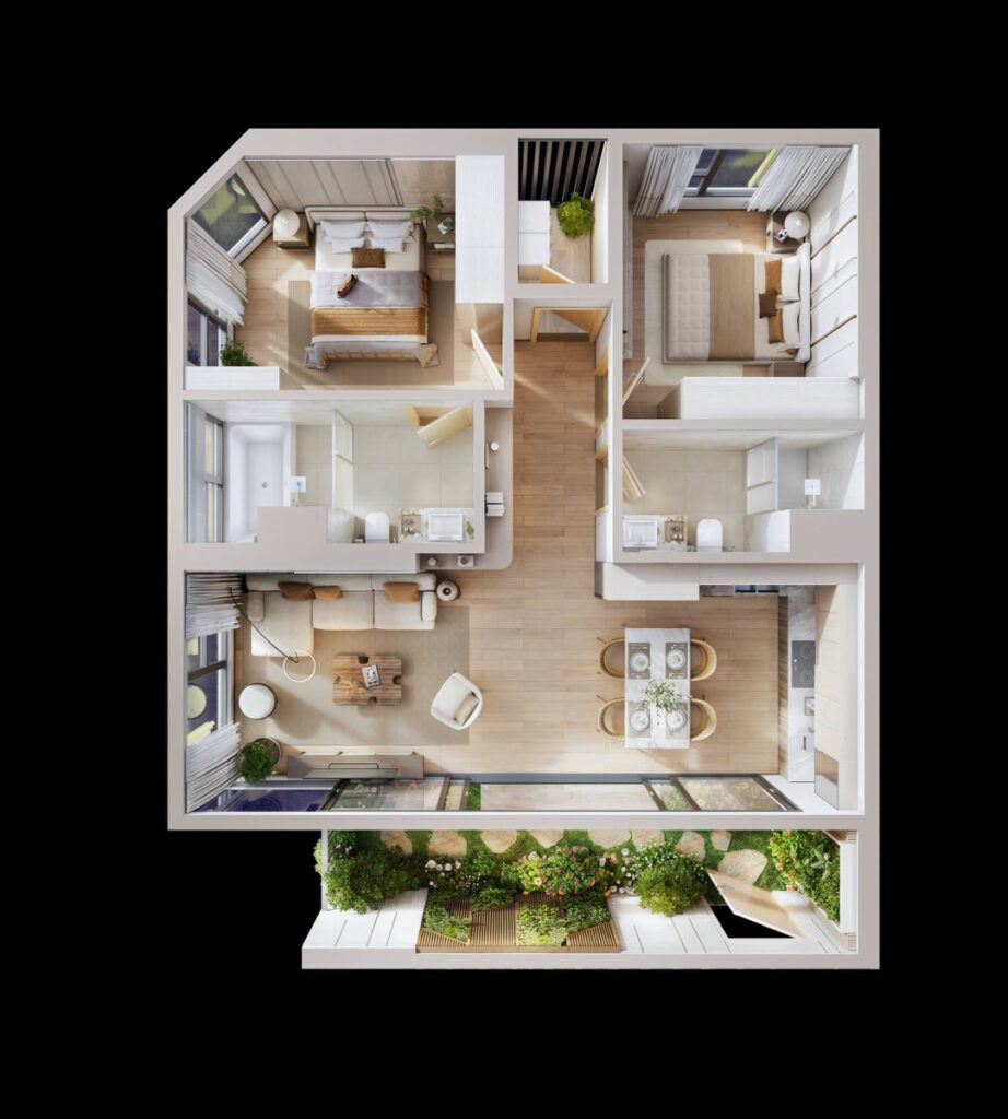 Layout bóc mái 2 phòng ngủ có vườn Eco Forest Onsen | 2BR with garden cutaway layout Eco Forest Onsen