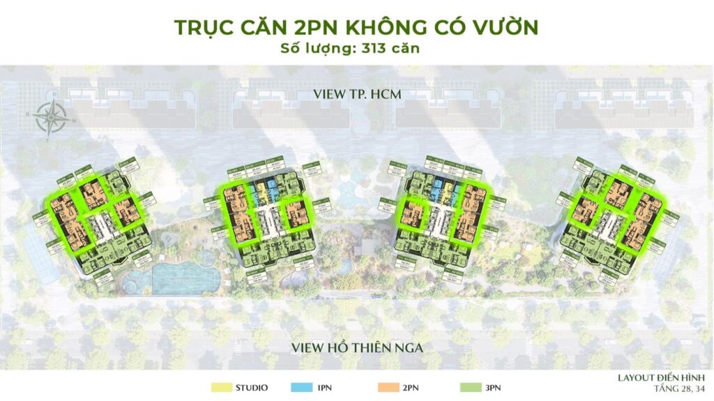 Trục căn 2PN không có vườn 313 căn layout điển hình tầng 8 và tầng 28-34 Forest Onsen | 2BR no-garden axis 313 units typical floors 8 and 28-34