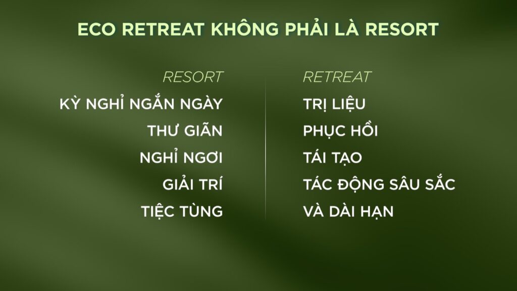 Eco Retreat không phải resort — Resort dành cho kỳ nghỉ ngắn ngày, Retreat là trị liệu phục hồi tái tạo dài hạn | Eco Retreat not resort — resort for short vacation, retreat is therapy recovery long-term