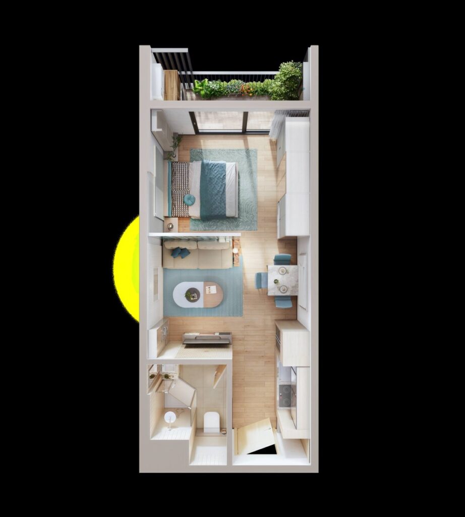 Layout bóc mái căn Studio Eco Forest Onsen | Studio cutaway layout Eco Forest Onsen