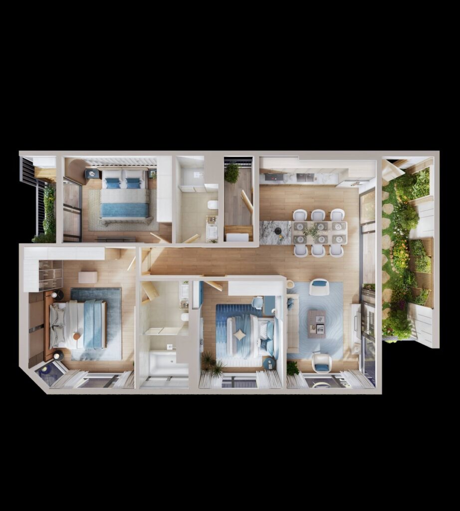 Layout bóc mái 3 phòng ngủ có vườn view Hồ Thiên Nga | 3BR with garden Swan Lake view cutaway layout