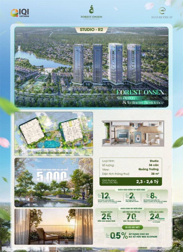 Bảng giá trục căn Studio tháp R2 Forest Onsen | Studio R2 tower pricing Forest Onsen