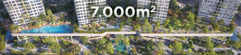 Tầng tiện ích Forest Onsen 7.000m² hồ bơi cảnh quan giữa 4 tháp | Forest Onsen wellness deck 7,000sqm pool landscape between 4 towers