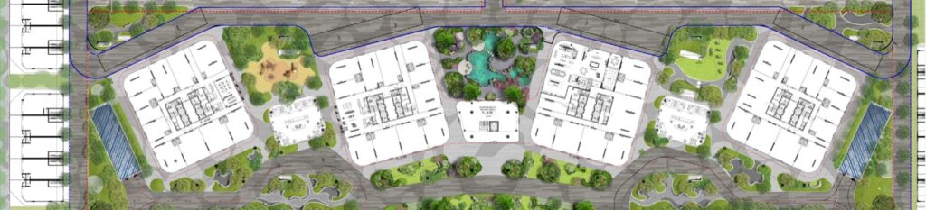 Mặt bằng tầng đế 4 tháp Forest Onsen với khu vườn Nhật trung tâm | Forest Onsen 4 towers ground floor master plan with Japanese central garden