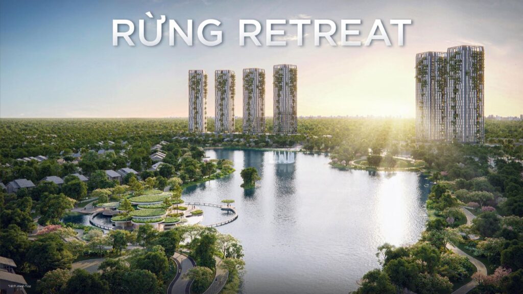 Rừng Retreat phối cảnh 5 tháp Forest Onsen trực diện Hồ Thiên Nga 12ha | Retreat Forest perspective 5 Forest Onsen towers facing Swan Lake 12ha