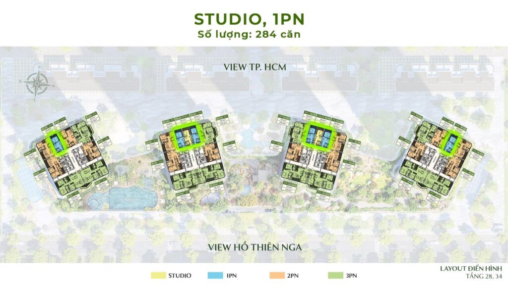 Trục Studio 1PN 284 căn layout điển hình tầng 28-34 và 3D nội thất Studio 38.4m² 1PN 40.8m² | Studio 1BR axis 284 units typical floors 28-34 3D interiors