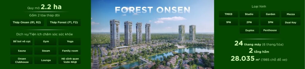Tổng quan Forest Onsen 2.2ha 4 tháp 24 thang máy 28.035m² hầm 1985 chỗ đỗ xe 10 loại hình | Forest Onsen overview 2.2ha 4 towers 24 elevators 28,035sqm basement 1985 parking spots 10 product types