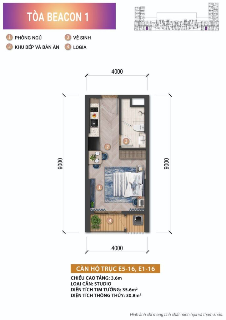 Blanca City Beacon 1 — apartment layout | Layout Studio Beacon 1 Trục E5-16
